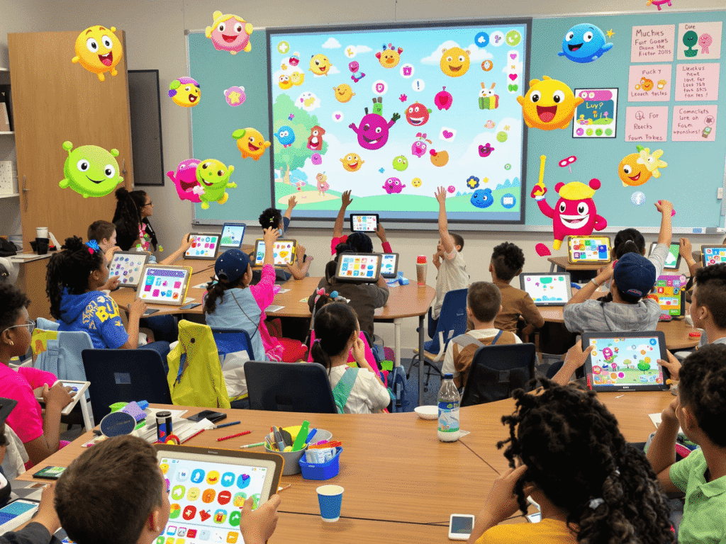 Students in a lively classroom playing an educational game on tablets and laptops, surrounded by colorful game icons and playful characters. blooket